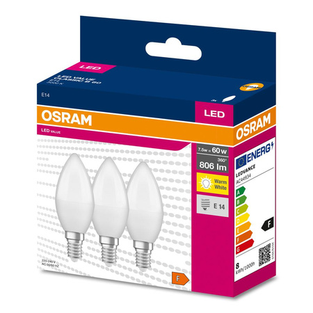 3x LED žárovka E14 B35 7W = 60W 806lm 3000K Teplá bílá 200° OSRAM HODNOTA