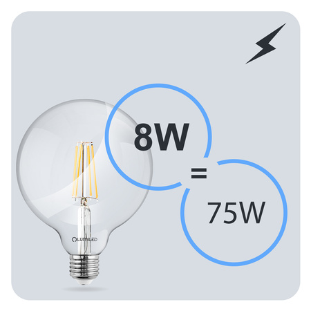 3x Žárovka LED E27, G95 8W = 75W 4000K Neutrální bílá Globe Filament LUMILED