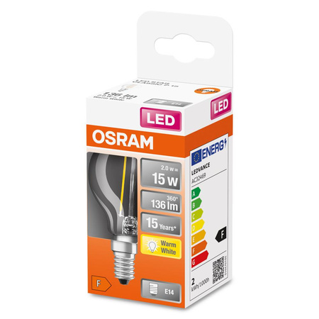 LED žárovka E14 P45 CL 1.5W = 15W 136lm 2700K Teplá bílá 300° vlákno OSRAM STAR