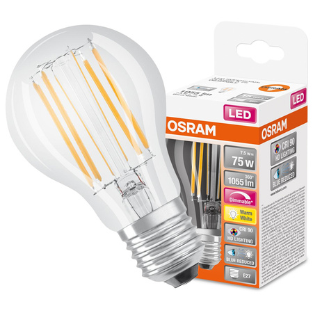 LED žárovka E27 A60 7,5W = 75W 1055lm 2700K teplá bílá 300° CRI90 stmívatelná vlákno OSRAM SUPER STAR+