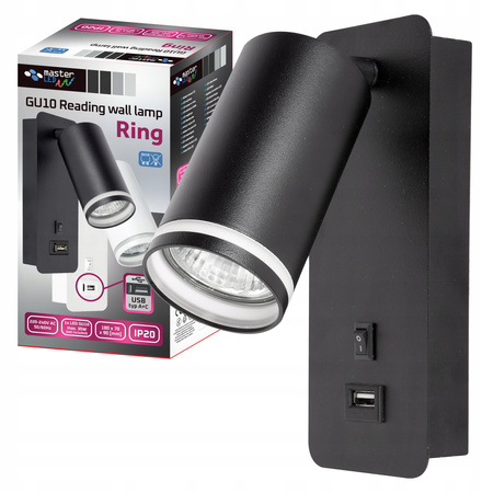 Nástěnné svítidlo GU10 RING s USB a vypínačem. černé