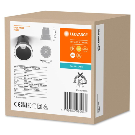 LED panelové bodové svítidlo 5W 350lm CCT Mesh White Black Downlight Slim Ledvance