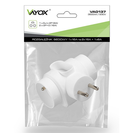 Rozdělovač elektrické sítě 1x Euro 2P + 2x 2P+0 Zloděj 3 zásuvky s uzemněním VAYOX