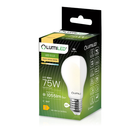 Žárovka LED E27, A60 8W = 75W 1055lm 3000K Teplá bílá 360° Mléčná Filament LUMILED