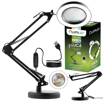 Stolní lampa na kreslení LED 7W CCT USB Stmívatelné LUCA Černá 8x zvětšovací sklo Lumiled Lumiled