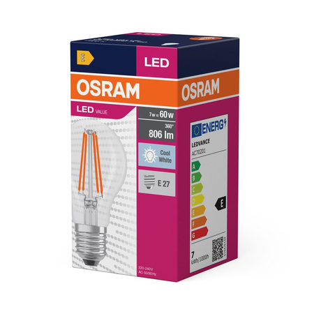 LED žárovka E27 A60 7W = 60W 806lm 4000K Neutrální bila 300° OSRAM Filament