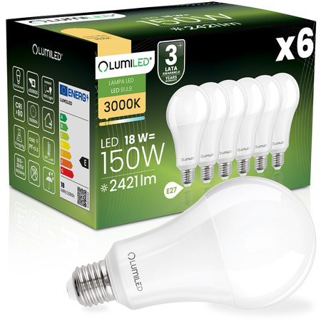 6x LED žárovka E27 A70 18W = 150W 2421lm 3000K Warm 260° LUMILED