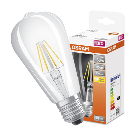 LED žárovka E27 ST64 6,5W = 60W 806lm 2700K Warm 300° Filament OSRAM 