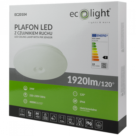 Stropní světlo Plafond LED 24W 1920lm 4000K neutrální bílá IP44 s pohybovým a soumrakovým senzorem Ecolight