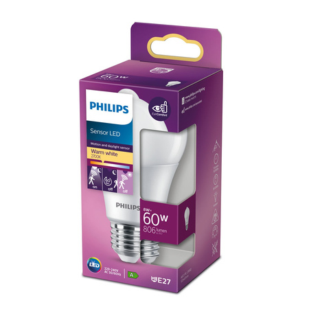 LED žárovka E27 A60 8W = 60W 806lm 2700K Teplá bílá 280° PHILIPS Pohybový a soumrakový senzor