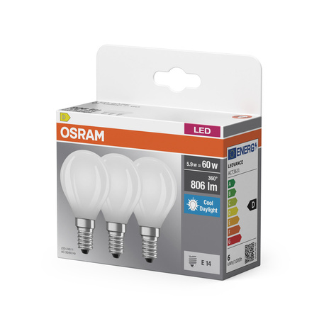 3x LED žárovka P45 Ball E14 5,9W = 60W 806lm 6500K Cold 300° BASE Osram