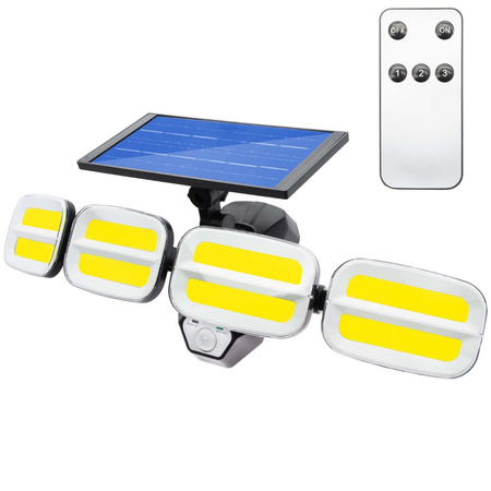 Solární Reflektor 4x COB LED 20W 800lm Studená bílá IP65 pohybový senzor + dálkové ovládání