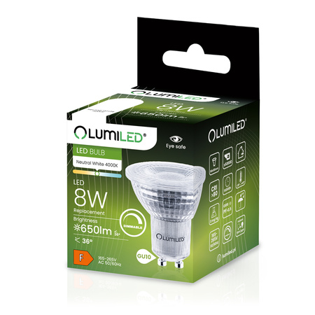 Žárovka LED GU10, 8W = 80W 650lm 4000K neutrální bílá reflektor 36° Stmívatelná LUMILED