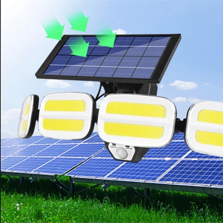 Solární Reflektor 4x COB LED 20W 800lm Studená bílá IP65 pohybový senzor + dálkové ovládání