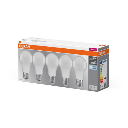 5x LED žárovka E27 A60 8.5W = 60W 806lm 4000K Neutrální bila 300° OSRAM Základna
