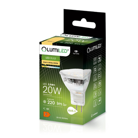 Žárovka LED MR11, 2.5W = 20W 220lm 3000K Teplá bílá 120° 12V LUMILED