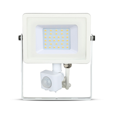 Reflektor LED 30W 2400lm 3000K IP65 Bílý s pohybovým senzorem a funkcí CUT-OFF Samsung Chip VT-30-SW V-TAC