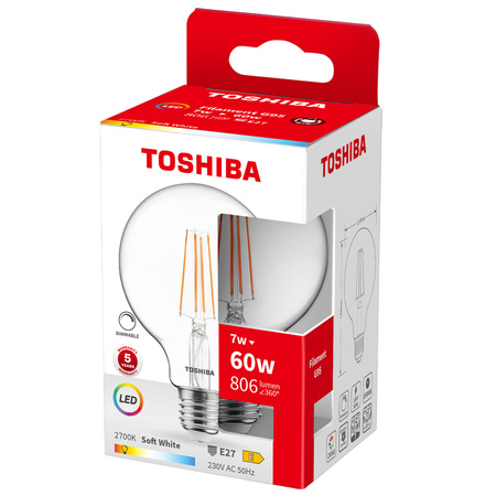 LED žárovka E27 G95 7W = 60W 806lm 2700K teplá bílá Filament Dimmable TOSHIBA
