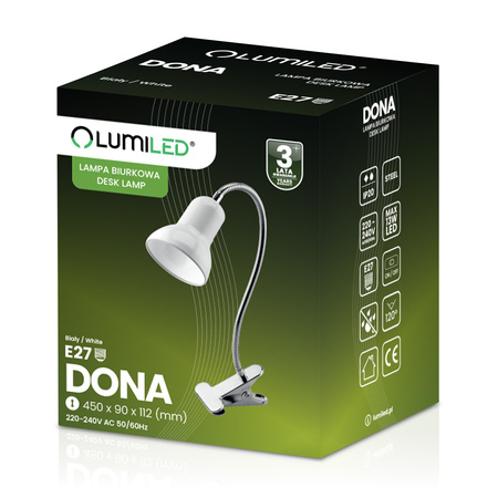 Stolní lampa stolní nastavitelná DONA školní noční světlo E27 klip bílý LUMILED