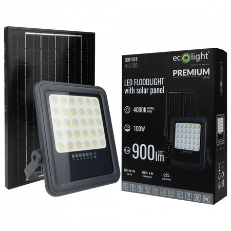 LED reflektor Solar 100W 900lm 4000lm Neutral IP65 se soumrakovým senzorem + dálkové ovládání Ecolight