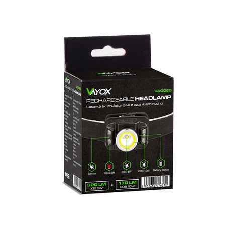 Dobíjecí LED čelovka s pohybovým senzorem XTE 5W + COB 10W VA0025 VAYOX