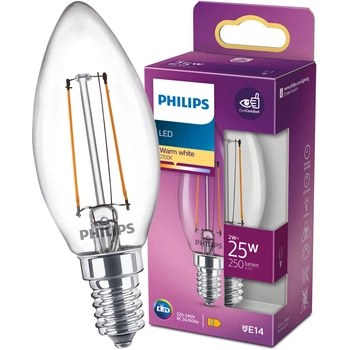 E14 B35 LED žárovka 2W = 25W 250lm 2700K Teplá bílá vlákno PHILIPS