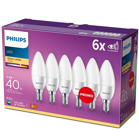 6x LED žárovka E14 B35 4,9W = 40W 470lm 2700K teplá bílá matná PHILIPS