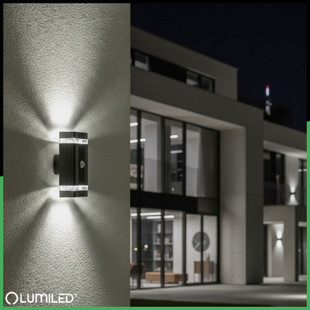Zahradní nástěnné svítidlo shora dolů 2x GU10 Black Senzor pohybu a soumraku HEDERA LUMILED