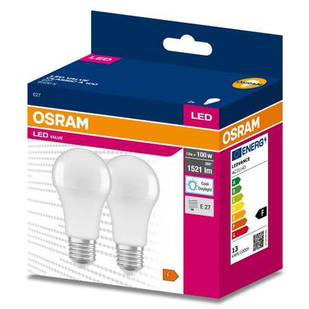 2x LED žárovka E27 A60 13W = 100W 1521lm 6500K Studená bílá 200° OSRAM HODNOTA