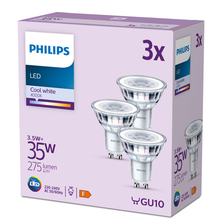 3x LED halogenová žárovka GU10 PAR16 3,5W = 35W 275lm 4000K Neutrál 36° PHILIPS