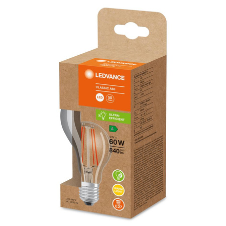 LED žárovka E27 A60 4W = 60W 840lm 3000K Teplá bílá 300° Filament LEDVANCE Ultra Efficient