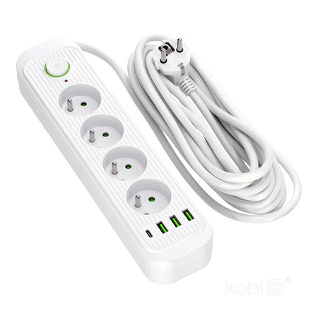 Prodlužovací kabel CONNECTO 4x230V 5m 4GN Zemní jistič 4xUSB Bílá Kobi