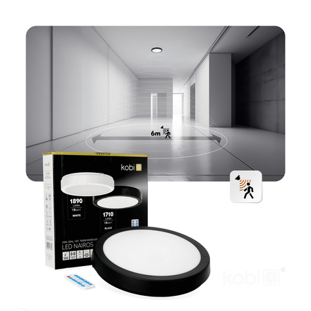 LED stropní svítidlo do koupelny s povrchovou montáží 18W 1710lm 4000K 120° se senzorem pohybu a soumraku černé IP65 Nairos Kobi