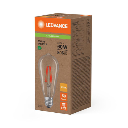 LED Edison E27 ST64 3,8W = 60W 806lm 2700K teplá bílá 300° žárovka Ledvance