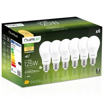 6x Žárovka LED A80, E27 18W = 150W 1952lm 3000K Teplá bílá 260° LUMILED