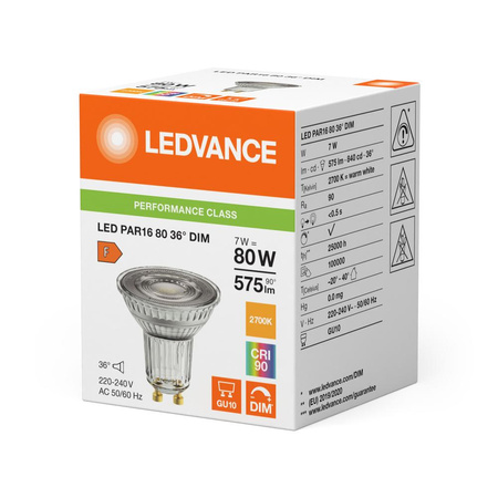 LED reflektorová žárovka GU10 PAR16 7W = 80W 575lm 2700K teplá bílá 36° CRI90 Dimmable Ledvance
