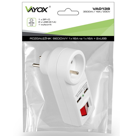 Rozdělovač elektrické sítě s přepínačem 2x USB 1x 2P+0 Zloděj VAYOX