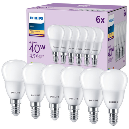 Sada 6x LED kulové žárovky E14 P45 4,9W = 40W 470lm 2700K Teplá PHILIPS