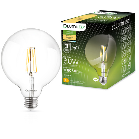 Dekorativní LED žárovka E27 G125 7W = 60W 806lm 3000K teplá bílá 360° Filament LUMILED globe