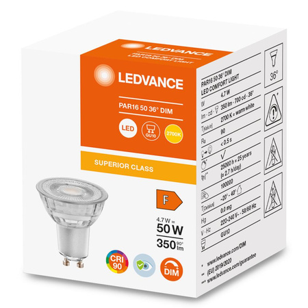 LED žárovka GU10 4.7W = 50W 350lm 2700K Teplá bílá 36° CRI90 Stmívatelné sklo LEDVANCE Superior