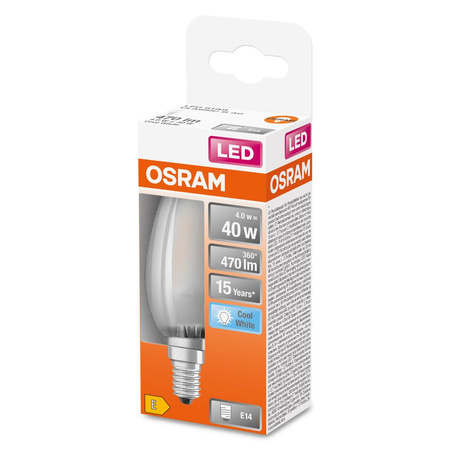 E14 B35 LED žárovka 4W = 40W 470lm 4000K Neutrální bila 300° vlákno OSRAM STAR