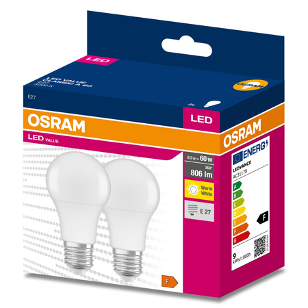 2x LED žárovka E27 A60 8.5W = 60W 806lm 3000K Teplá bílá 200° OSRAM HODNOTA