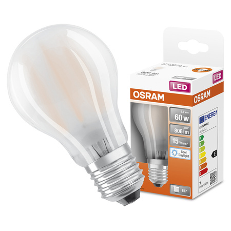 LED žárovka A60 E27 6,5W = 60W 806lm 6500K studená bílá 300° Retrofit Filament CLASSIC Osram