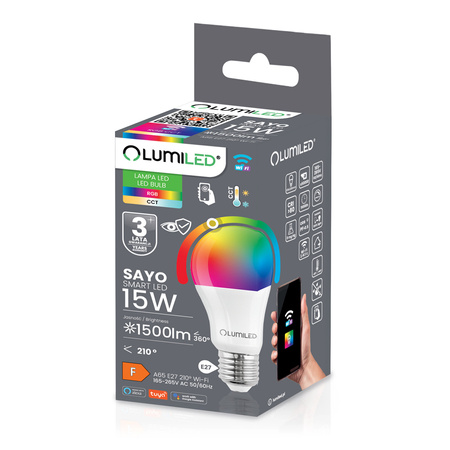 LED žárovka E27 A65 15W = 100W 1500m RGB CCT Stmívatelná Inteligentní TUYA WiFi SMART SAYO LUMILED