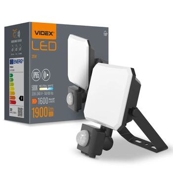 LED reflektor 20W 1900lm 5000K studená bílá se senzorem pohybu a soumraku černý s mléčným stínítkem Videx