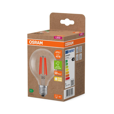 LED žárovka G80 Sphere E27 2,2W = 40W 470lm 2700K Warm 330° Filament CLASSIC ENERGETICKÁ ÚSPORNOST Osram