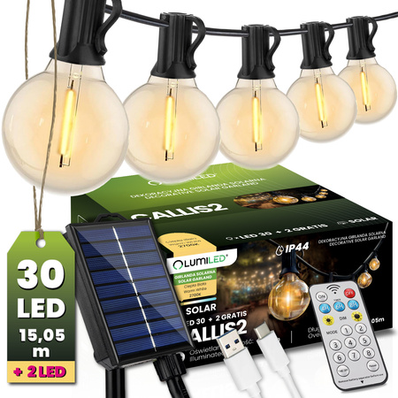Solární zahrada Girland 30x LED okrasné koule 15,05 m 2700K teplá + dálkové ovládání CALLIS2 LUMILED