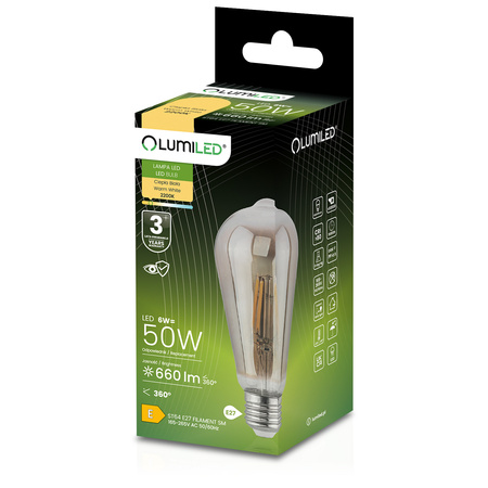 6x Žárovka LED Edison E27, ST64 6W = 50W 420lm 2200K Teplá bílá 360° Filament Smokey LUMILED
