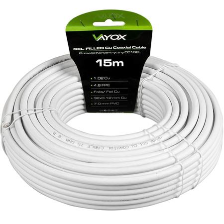 Anténní koaxiální kabel měděný gelový CU pozemní 4K Full HD bílý 15M VAYOX