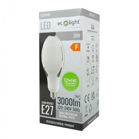 LED žárovka E27 30W 3000lm 4000K neutrální bílá Rocket + adaptér E40 Ecolight